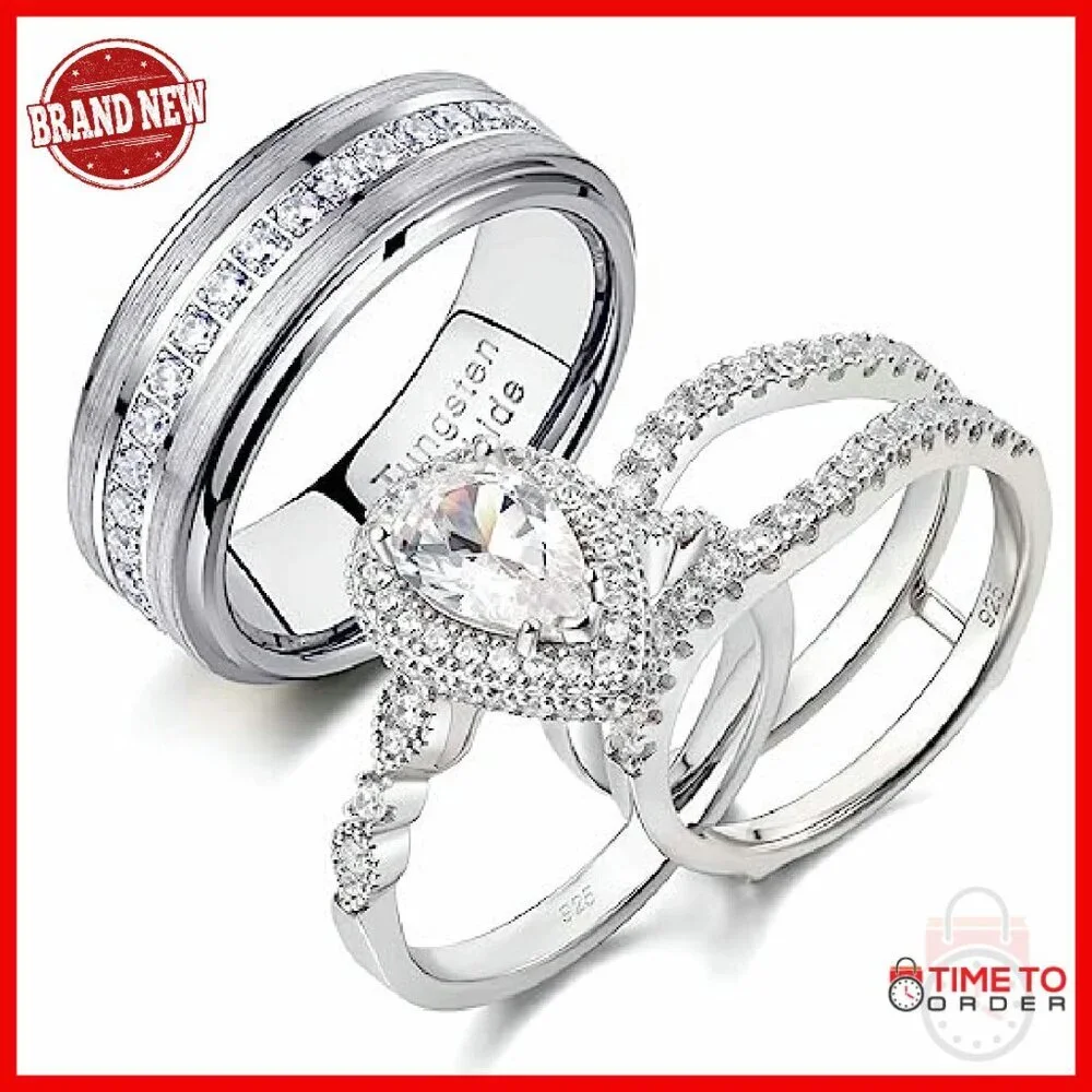 Pear Shape Cubic Zirconia Wedding Ring Set Sterling Silver Tungsten - Picture 2 of 8